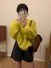 秋冬长毛水貂绒毛衣女短款圆领套头加厚水貂毛外套毛茸茸外穿