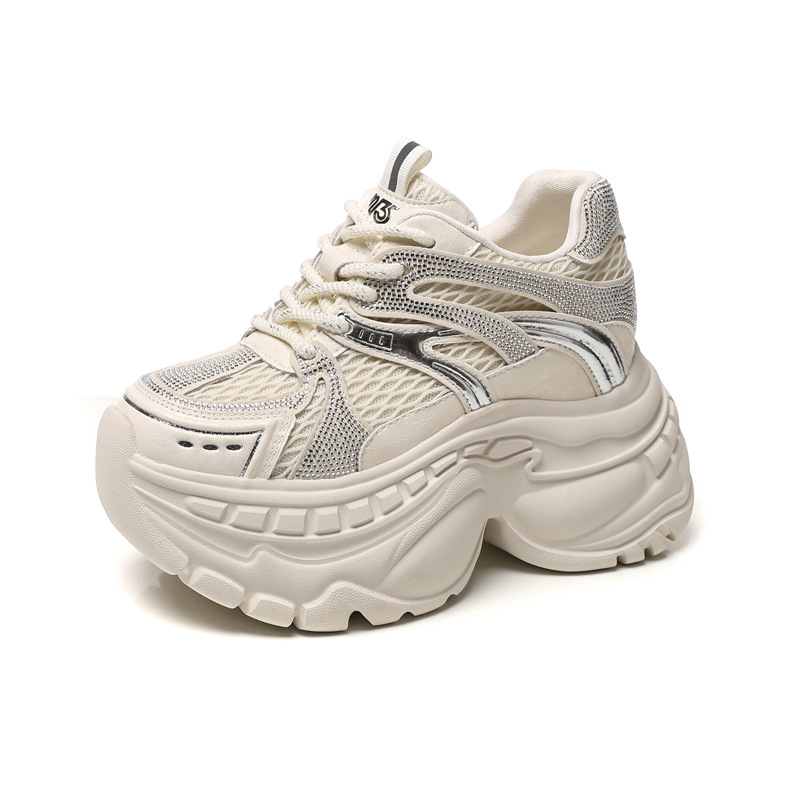 Giày sneaker nữ đế dày tăng chiều cao lưới thoáng khí — màu be