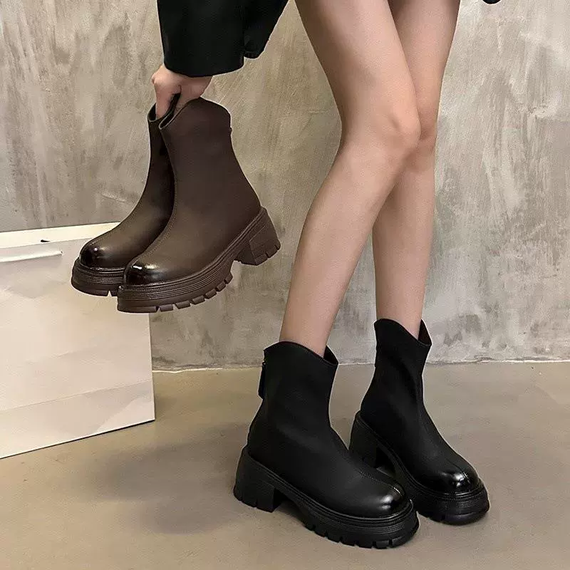 Ботинки Martin с толстой подошвы Женские туфли 2024 Осень Зима Новые тонкие сапоги Chelsea увеличенные толстые каблуки