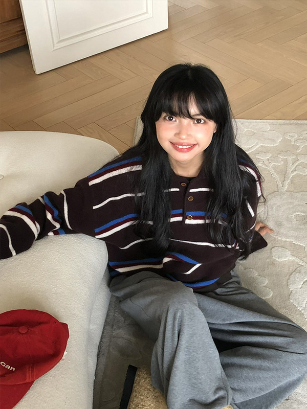 韩国2025秋新款长袖polo领休闲撞色条纹针织衫北极绒复古毛衣女|undefined