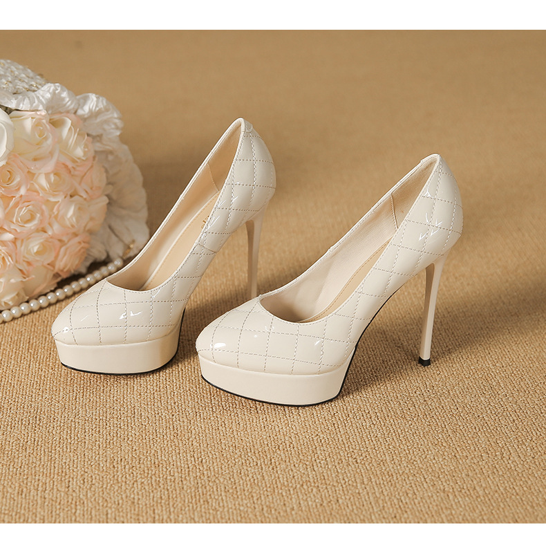 Giày cao gót nữ mũi tròn đế xuồng họa tiết ca rô gót 12 cm — Màu nude-12cm chi tiết 11