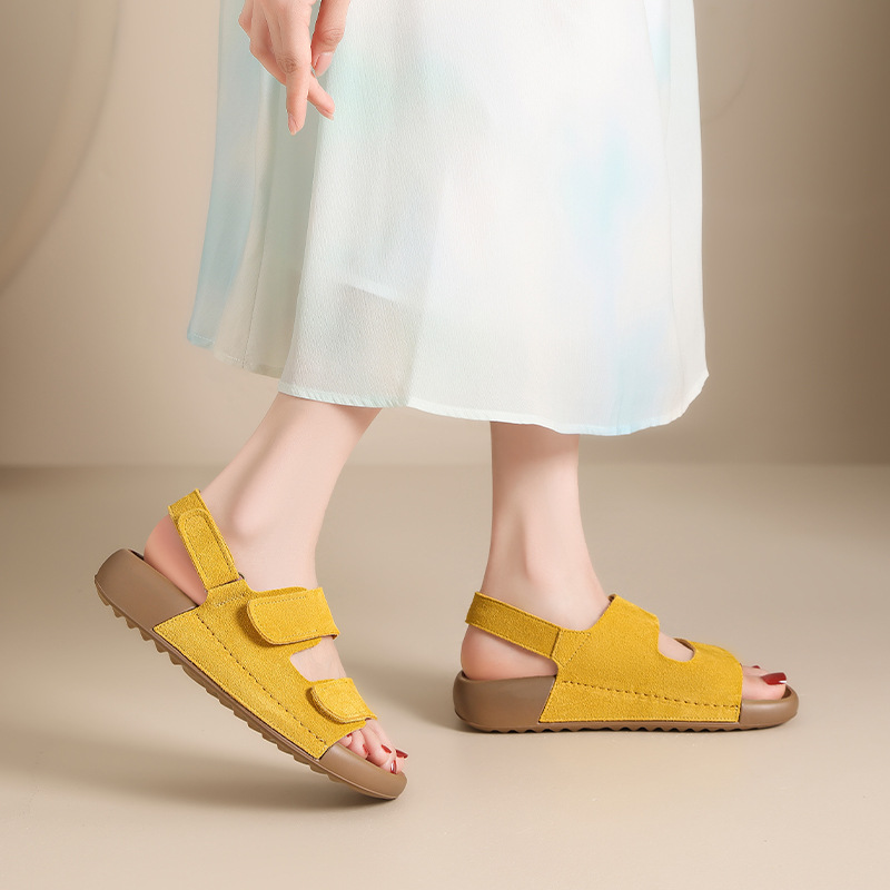 Dép Birkenstock nữ đế bằng quai chữ V dán Velcro, dép thời trang mùa hè đi biển — IL02 màu vàng