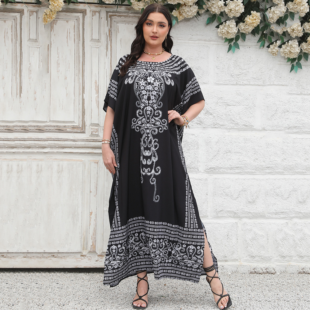 Cruz-frontera europea y americana estilo étnico impreso playa blusa suelta más el vestido de tamaño bikini camisa de protección solar 5D193