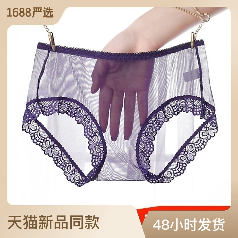 Fully transparent seamless lace mesh sexy underwear one-piece temptation plus size non-crotch mid-waist briefs