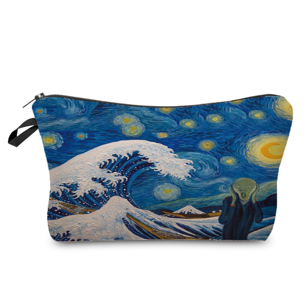 Reusable wash bag for wholesale creative oil painting printing cosmetic bag zipper lipstick storage bag