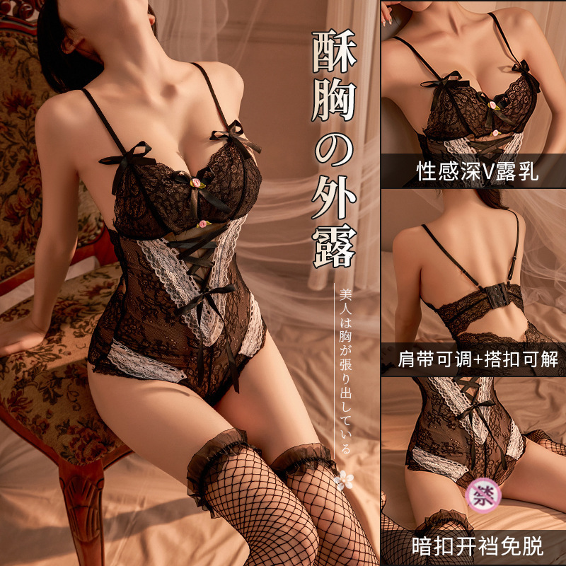 Lencería sexy sexy mono sexy hebilla oculta ny pijama de encaje uniforme sin espalda traje transparente mujer linda