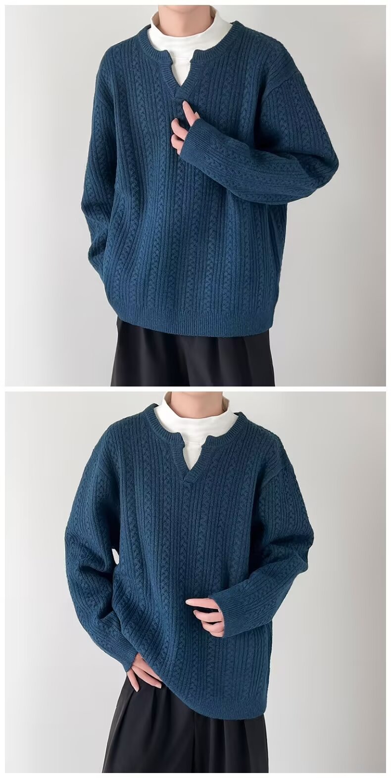 Pull en tricot à col en v pour homme en mélange coton hiver_voghion.com