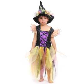 外贸新款万圣节儿童cos演出服节日表演服 彩色女巫连衣裙