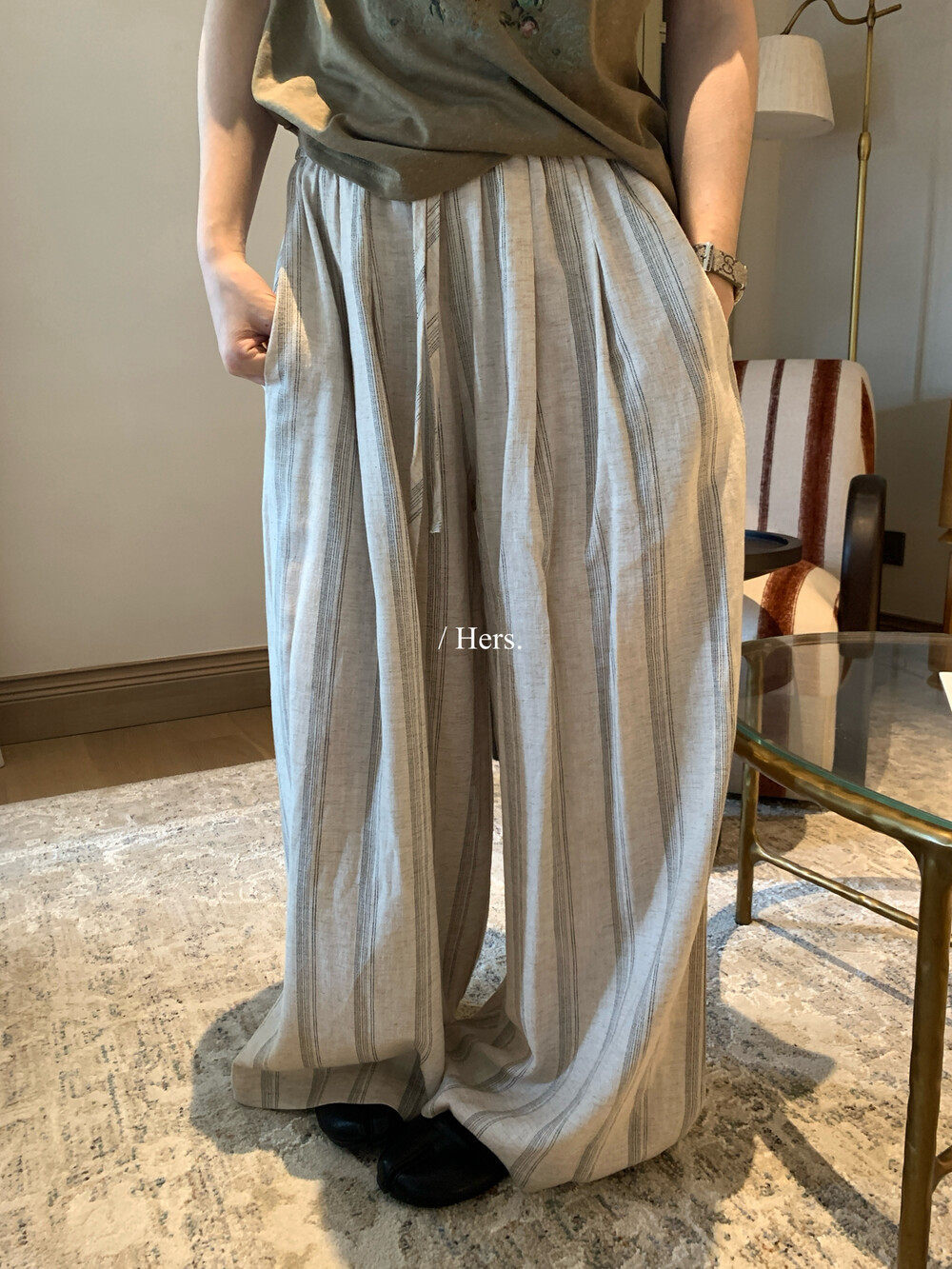 Quần culottes nữ ống rộng cạp cao chun rút dây sọc kẻ chất liệu ramie mùa hè — Màu cà phê, màu mơ chi tiết 7