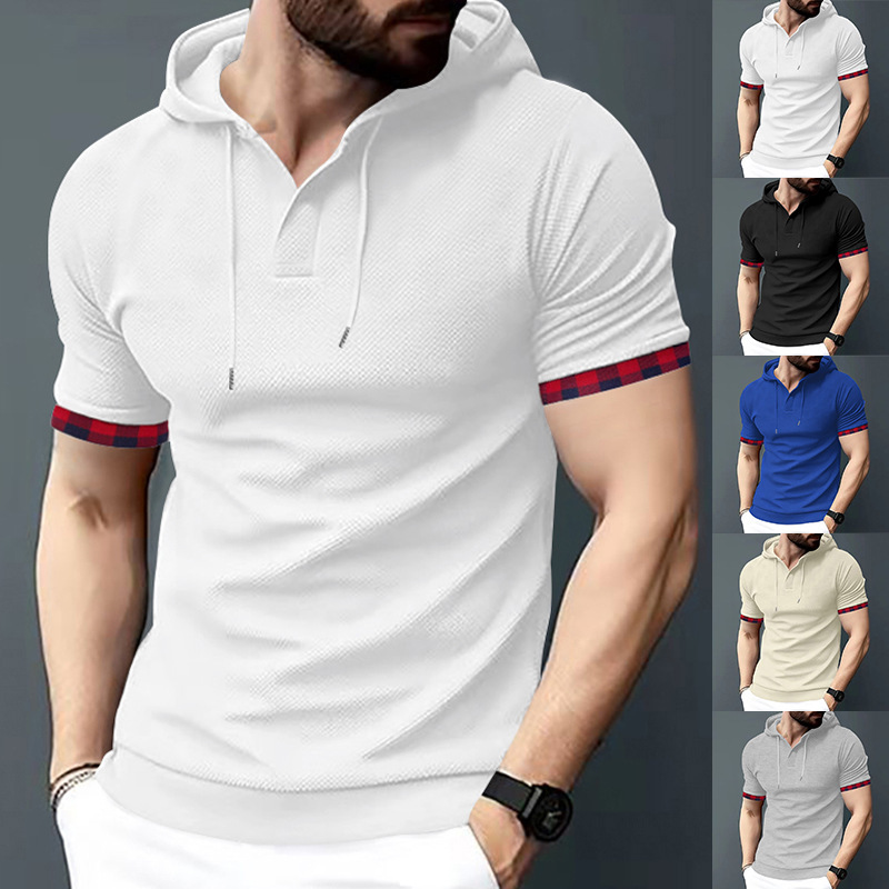 Men's hoodie men's casual short sleeved t-shirt top color matching sleeves_vogarts.com