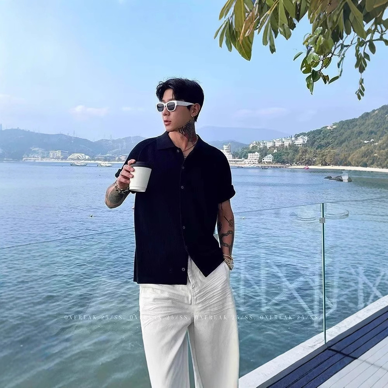 2025 New Lapel Knitted Short-Sleeved Shirt Men's Summer Ice Silk High-End Trendy Shirt Casual Jacket Men 2025 New Lapel Knitted Short-Sleeved Shirt Men's Summer Ice Silk High-End Trendy Shirt Casual Jacket Men