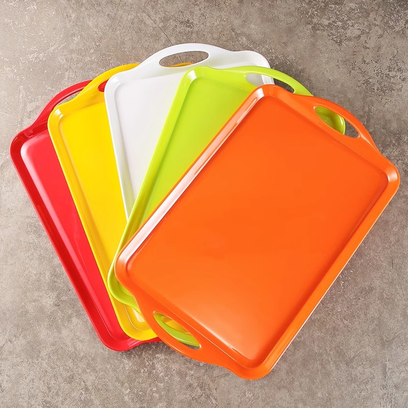 Super grueso A5 bandeja de melamina comercial rectangular con mango plato de comedor de jardín de infantes de plástico pan de exhibición plato de doble oreja