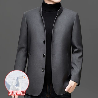 中老年新款男百搭羽绒服2025秋冬季商务简约纯色立领外套休闲代发