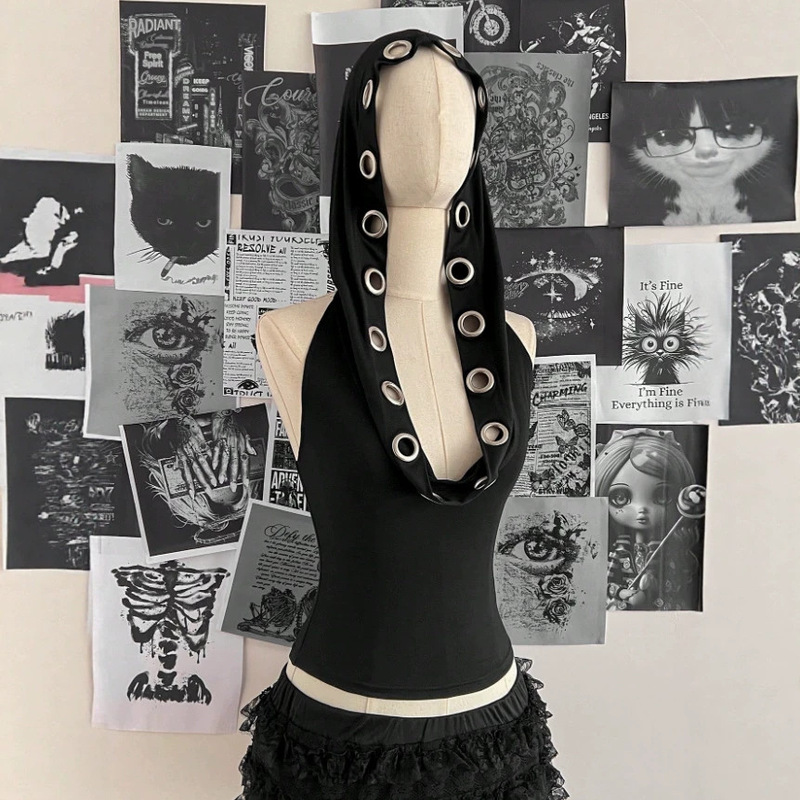 2026 European and American Cross-Border Y2K Punk Style Halter Neck Hooded Vest for Women, American Retro Metal Eyelet Style