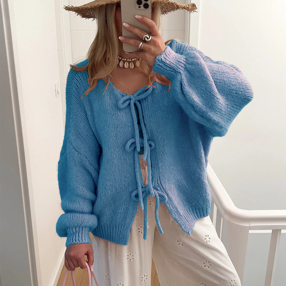 491g Weight Long Sleeve Sleeve Length Tie Placket Type Polyester Fabric Type Regular Top Length Cardigan, Sweater Tops Type Daily Occasion U Neck Neckline Loose Fit Type Solid Color Pattern Spring, Autumn Season Women's Gender Casual, Elegant Style Wholesale Women's Casual Elegant Solid Color Long Sleeve Sweaters & Cardigans 8