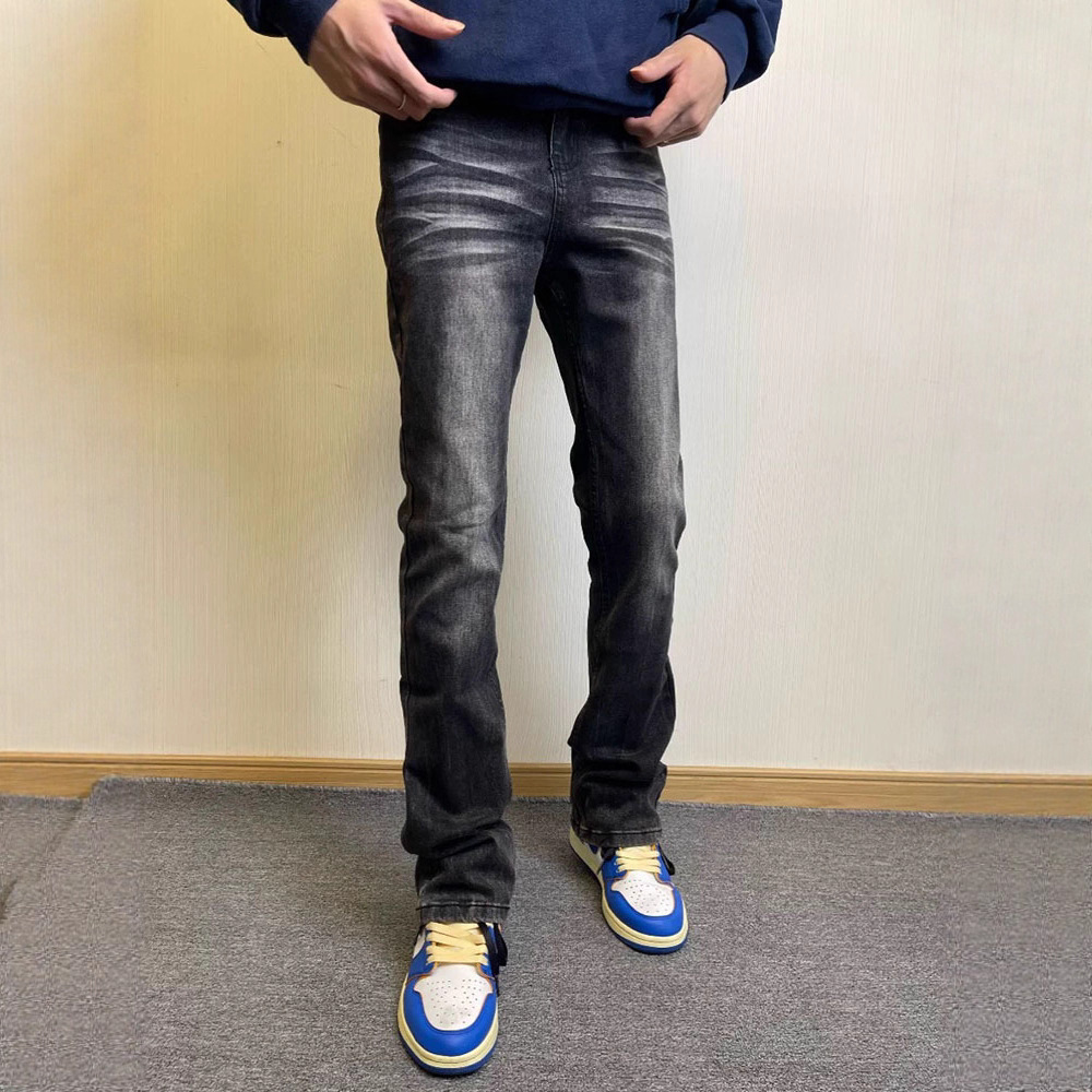 Washed Black Slightly Flared Jeans High Street Style Straight Leg Slim Fit Trendy Pants For Men And Women_voghion.com
