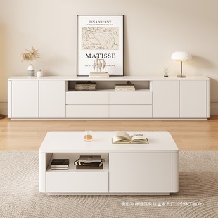 Tv Cabinet Coffee Table Combination Small Apartment Living Room White Minimalist Floor Cabinet Simple Modern Solid Wood Floor-Standing Tv Cabinet