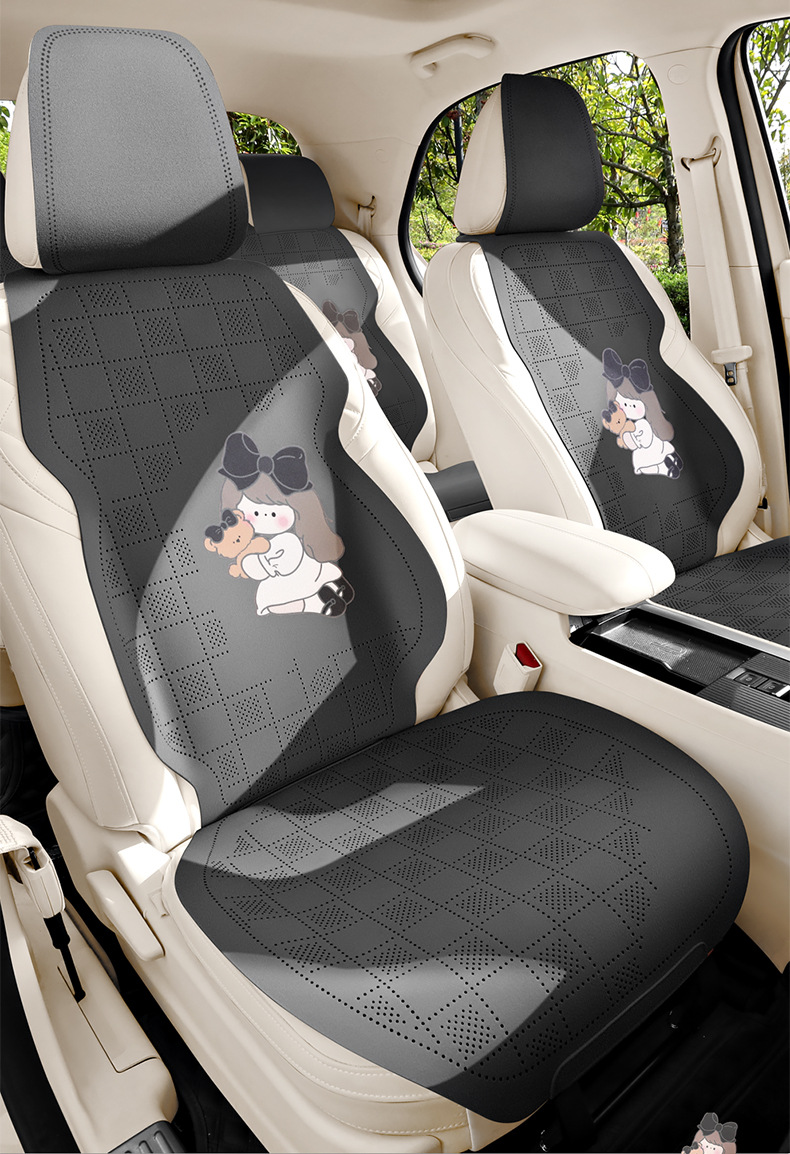 Cross-Border Car Seat Cushion Set, Faux Suede Leather, Three-Piece Semi-Cover, Breathable Perforated, Universal for All Seasons, Faux Leather Seat Cover