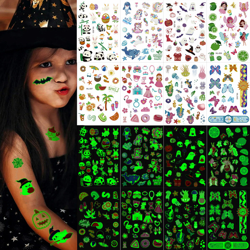 8 Types of Luminous Kidsren's Tattoo Stickers Panda Princess Butterfly Cartoon Transfer Tattoo Stickers Waterproof Luminous Tattoo Stickers