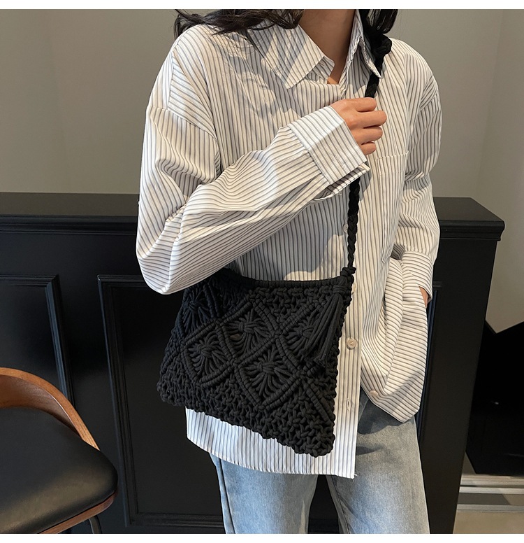 177g Weight Polyester Cotton Lining Material Weave, Hollow Fashion Element Zipper Closure Type Single Shoulder Strap Strap Type Shoulder Bag Bags Type Casual Occasion cotton rope Material Solid Color Pattern All Seasons Season Women's Gender Vacation Style Square Shape Women's Cotton Rope Solid Color Vacation Weave Hollow Square Zipper Shoulder Bag 8