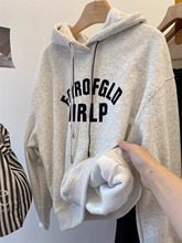 灰色套头加绒连帽卫衣外套女秋冬新款正肩加厚帽衫上衣女款冬