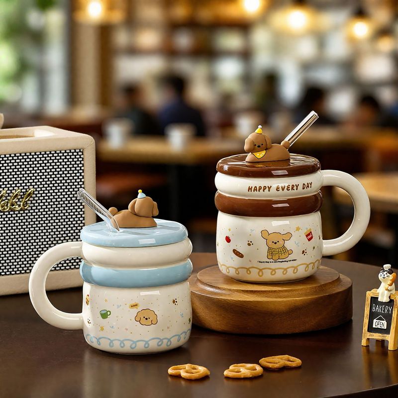 高颜值可爱陶瓷马克杯家用咖啡杯生日礼物杯子小狗吸管杯新款水杯|undefined