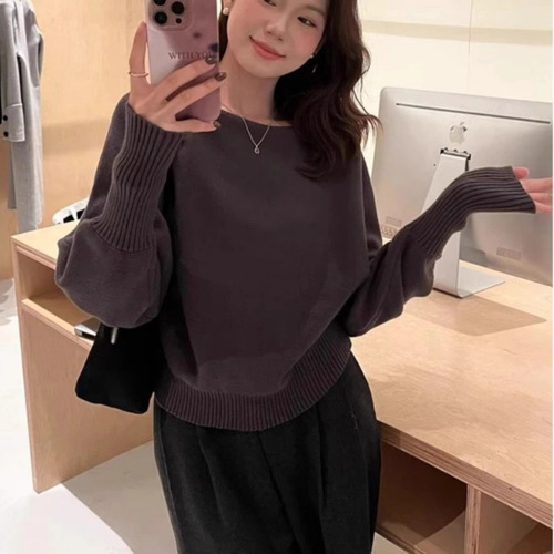 Lemon green tea gentle one-shoulder pullover sweater women's autumn and winter Korean temperament long-sleeved sweater