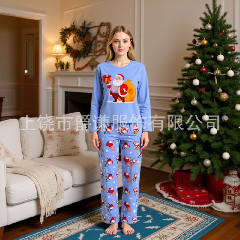 2025跨境新款圣诞亲子家庭装3D数码印花长袖睡衣套装家居服睡裤|undefined