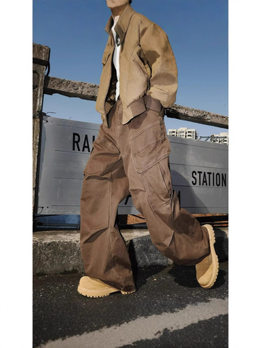 Japanese-style pleated parachute work pants for men, spring and autumn new arrival with large pockets, trendy vintage high street loose casual long pants