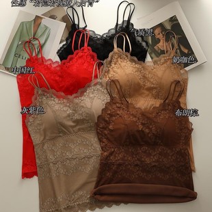 8042 Velvet Sling Lace Warm Vest One Cup Heating Base Clothes fleece-lined Thickened Sexy plus size Beautiful Back