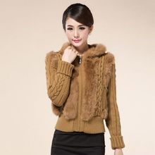 兔毛皮草外套女装2025海宁春秋新款连帽短款针织长袖毛衣加大码