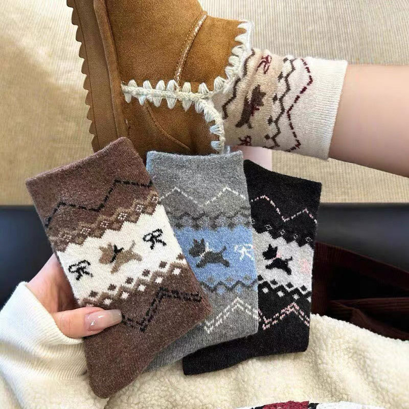 Fairisland style winter scarf puppy cartoon mid-barrel wool socks Korean warm vintage women's socks with snow boots