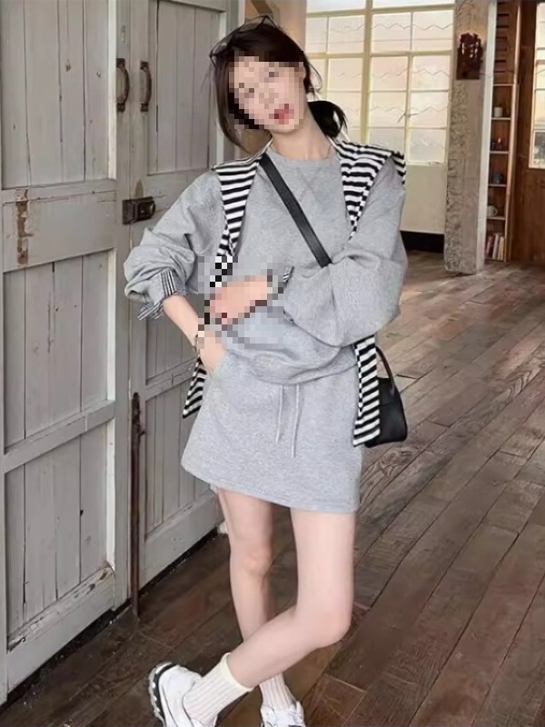 220g Rayon Fabric + Pocket + Pants Lining Early Autumn Korean Style Matching Set Sweatshirt and Skirt Two-Piece Set