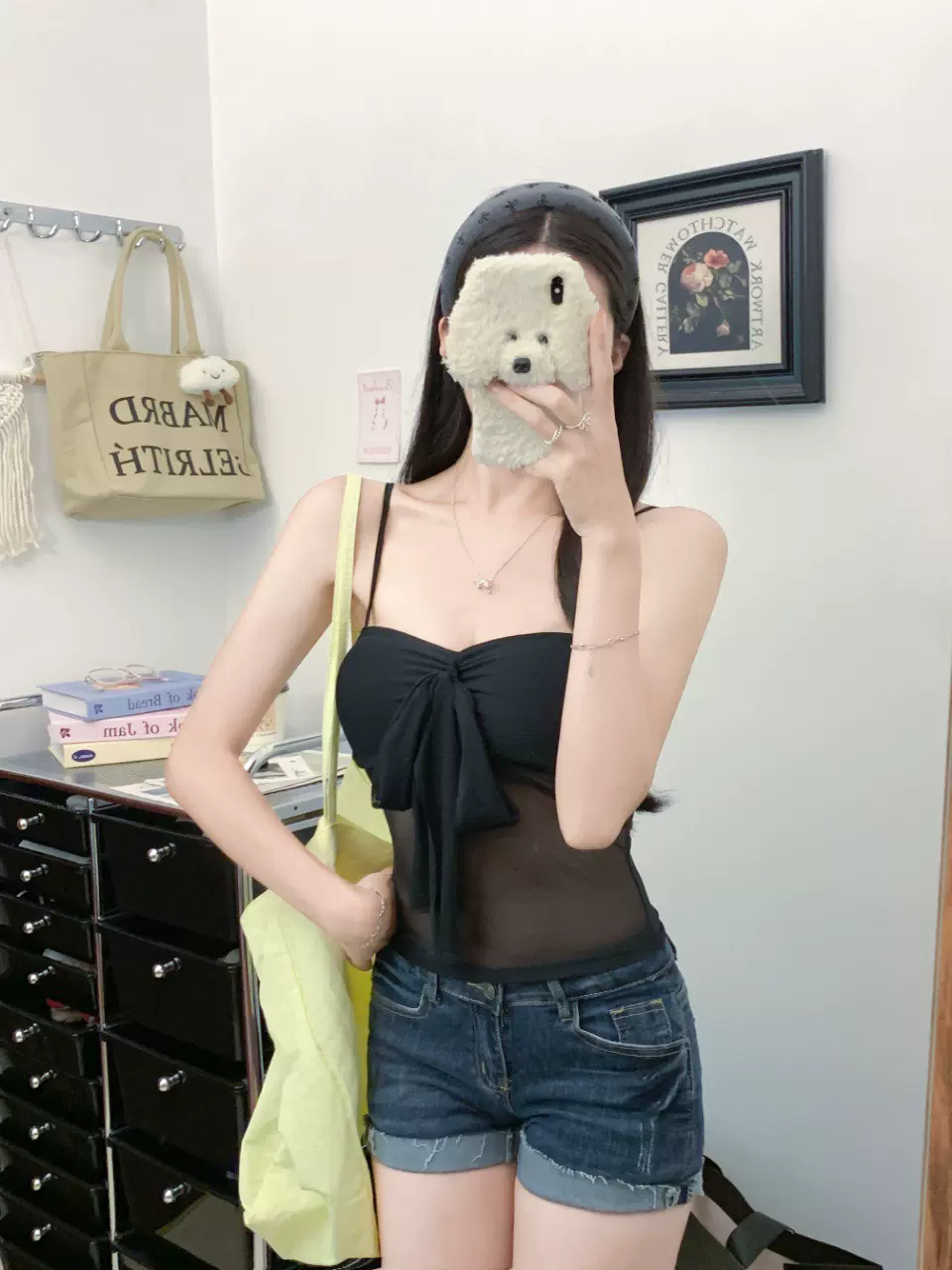 890#夏季新款纯欲性感网纱蝴蝶结吊带女修身一体式带胸垫百搭上衣