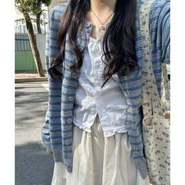 复古撞色条纹毛衣女春秋新款慵懒风宽松针织开衫上衣外套