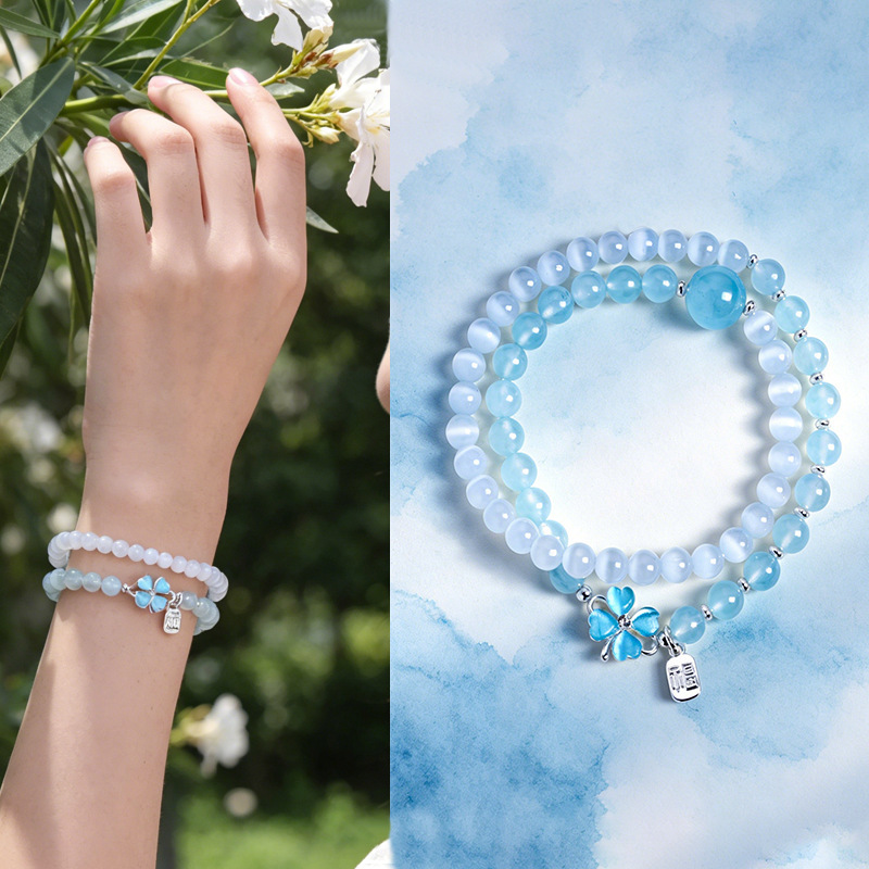 Hanluo~Cook Amber Blue Crystal Beaded Bracelet Vintage Simple Bracelet Fashionable Versatile Bracelet High-End Hand Accessory