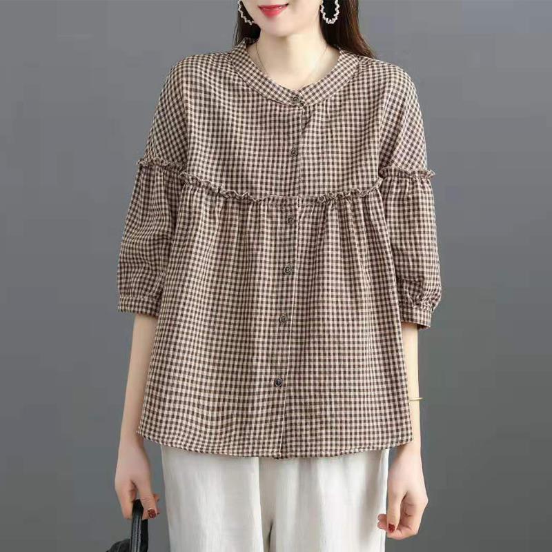 2025 New Imitation Cotton and Linen Shirt Women's Three-Quarter Sleeve Korean Style Loose Casual Large Size Easiest for Match Shirt Stand Collar Top