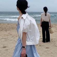 韩国chic夏季小众设计感纯色宽松翻领拉链短袖小外套上衣女3色
