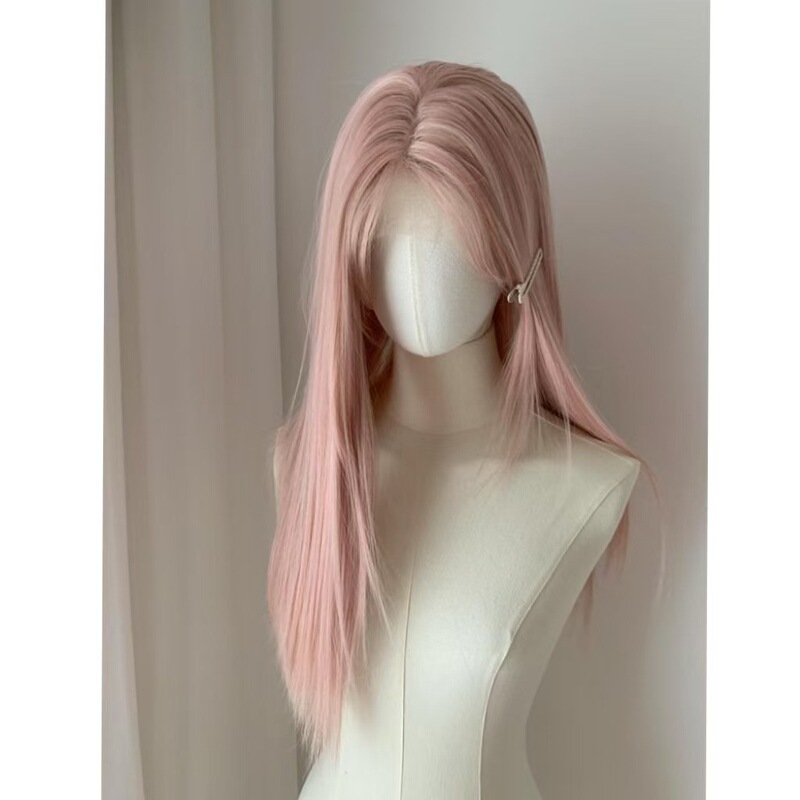 Yiduo Wig Female Group Pink Gold Small Lace Pink Long Straight Hair Layered Full Hair Set Protein Silk Wig for Women