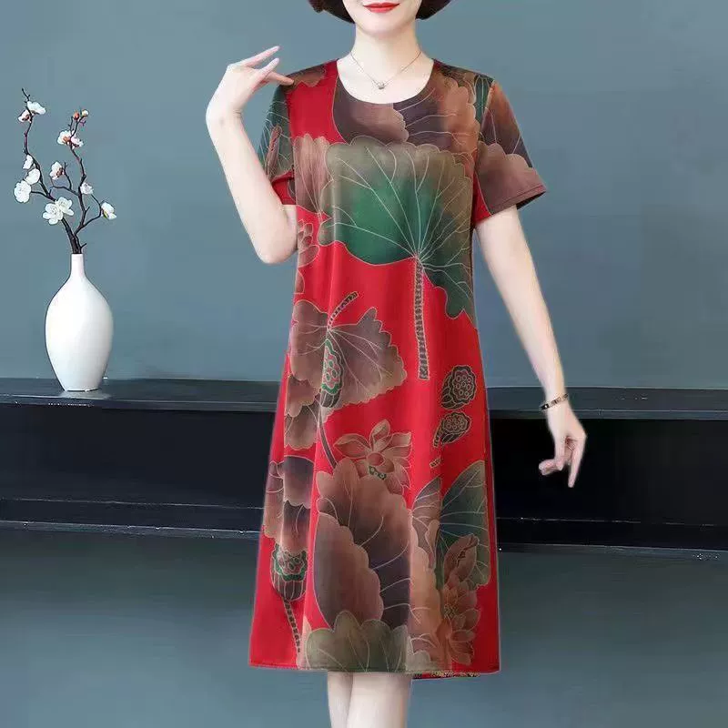 Летняя одежда для мамы, платье из ледяного шелка, женственная и модная новая женская свободная юбка средней длины с короткими рукавами большого размера, закрывающая тело.