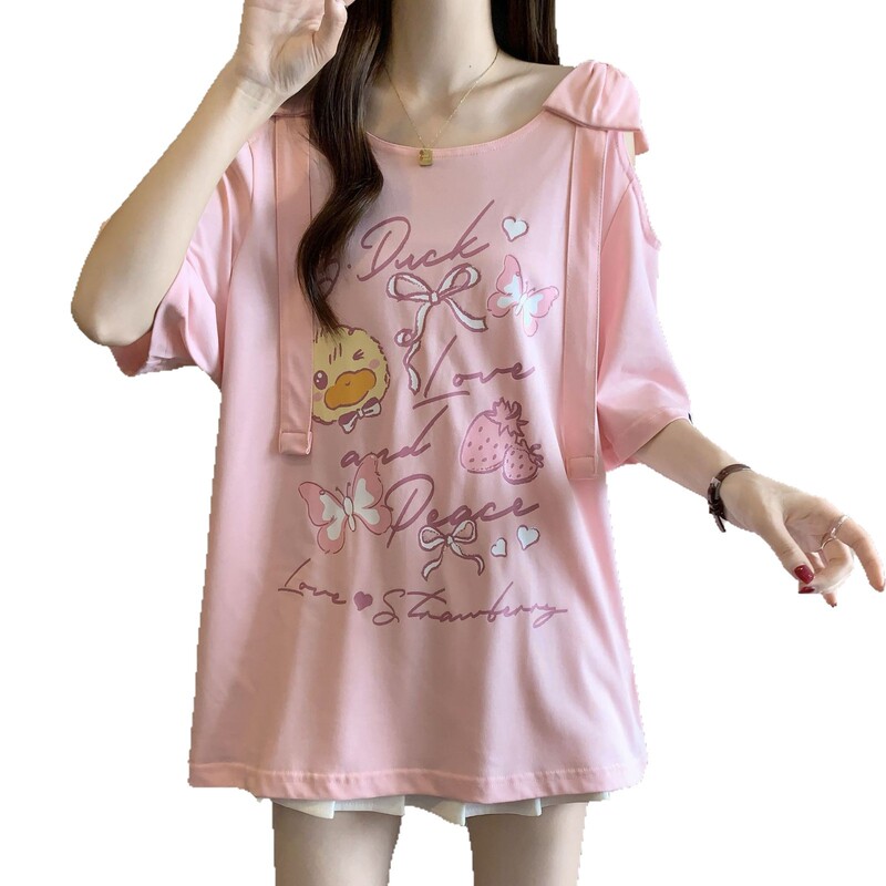 大きいサイズのリボンオフショルダー黒半袖Tシャツ女性用2025年夏新作ファットmmルーズスリミングトップ|undefined