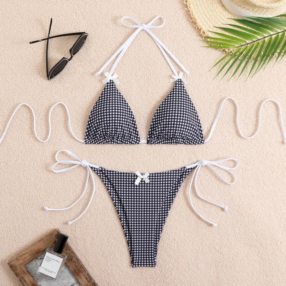 Bikini Swimwear Women Split Bikini Plaid Printed Bow Sexy Swimsuit