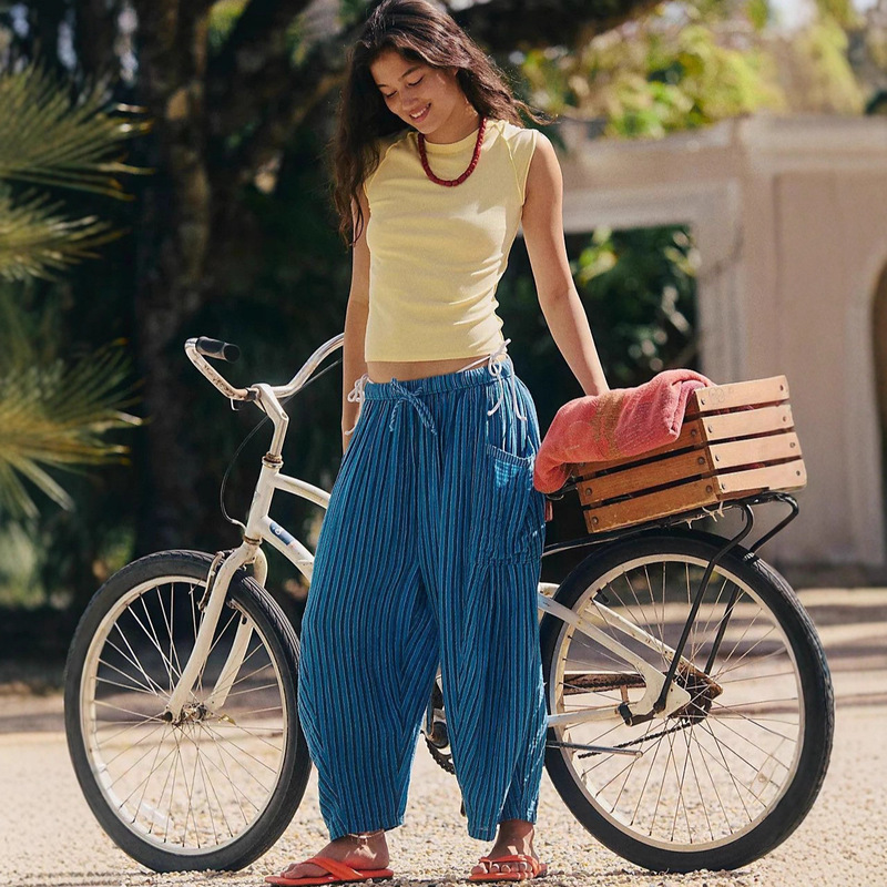 2025 European and American Cross-Border Spring and Autumn Hot-Selling Striped Straight-Leg Pants with Elastic Waist, Cropped Pleated Pants, Breathable Casual Pants for Women 2025 European and American Cross-Border Spring and Autumn Hot-Selling Striped Straight-Leg Pants with Elastic Waist, Cropped Pleated Pants, Breathable Casual Pants for Women