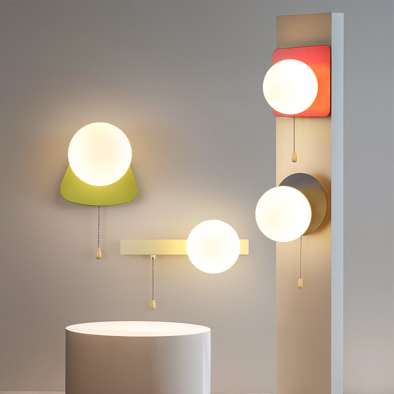Pull Switch Bedside Wall Lamp for Bedroom, Children's Room, Hallway, Simple Modern Ins Style Wall Lighting with Three Color Light Sources
