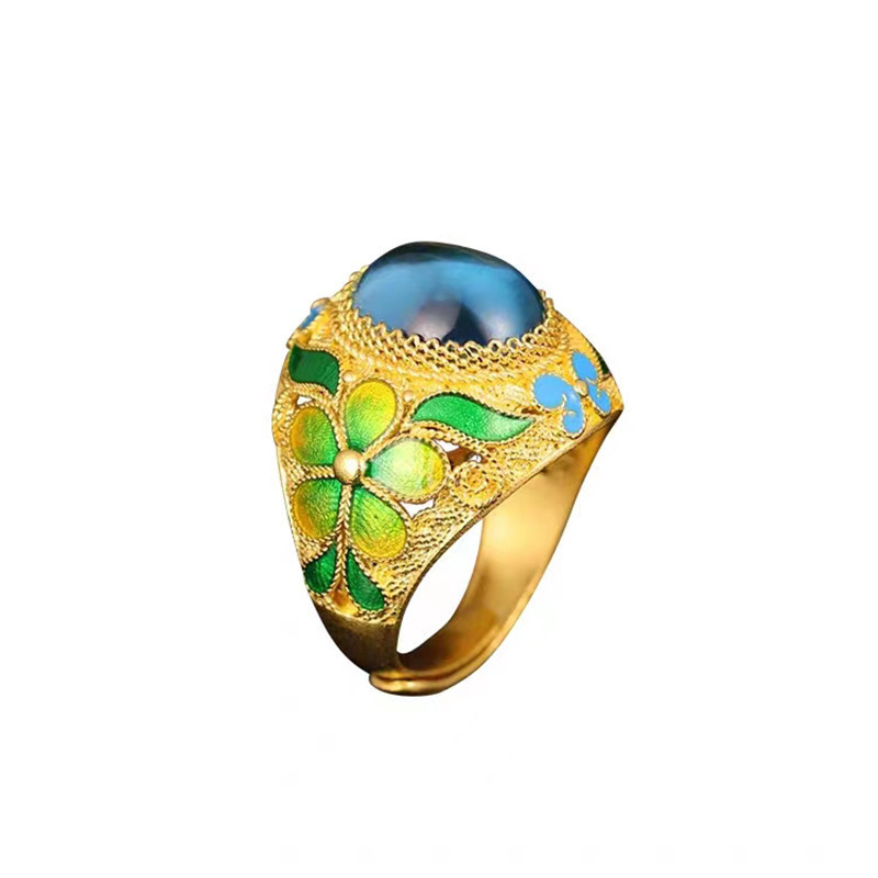ベトナムの砂金エナメル蝶の花の指輪をまねるレトロな女性の指輪は金のエナメルの指輪のアクセサリーの生放送の金をめっきします。|undefined
