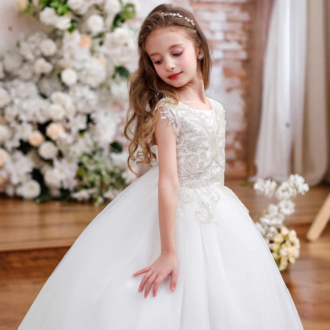 Vestido de tule champanhe sem mangas para meninas, com cinto de renda e strass, ideal para casamentos infantis (3 a 8 anos) 【Pré-venda | Envio em 15 dias】_voghion.com