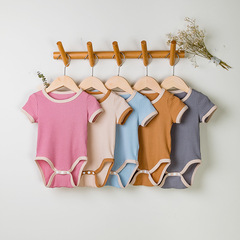 2024廠家批發春秋新款嬰兒包屁衣男女寶寶短袖撞色哈衣爬服連體衣