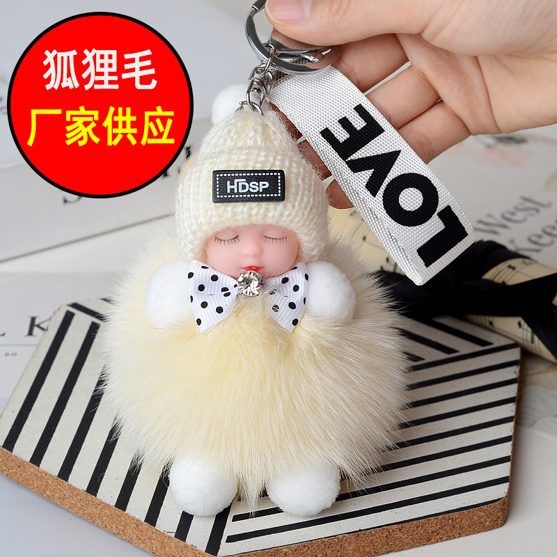 Real fox fur ball sleep doll car keychain pendant cute plush doll bag pendant Real fox fur ball sleep doll car keychain pendant cute plush doll bag pendant