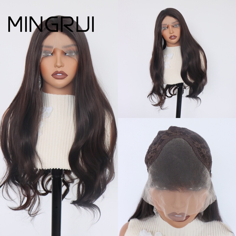 Dark Brown Wavy Wig with Hand-Crocheted Natural Transition, Customizable Parting, Matte High-Temperature Synthetic Fiber Hairpiece
