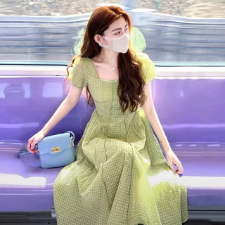 深圳南油泡泡袖绿色连衣裙夏小众设计森系初恋气质法式仙女裙